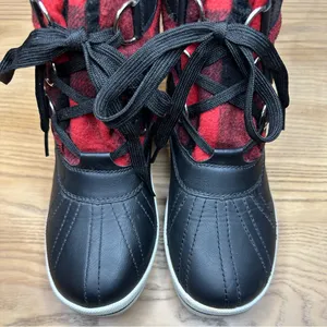 Madden Girl Chill Black and Red Buffalo Check Plaid Winter Rain Duck Boots thumbnail 4