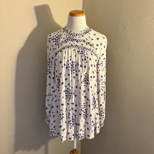 Free People Flowers in Her Hair Tunic Blue Floral Smocked Long Sleeve Top Small thumbnail 2