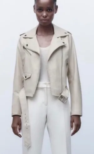 Zara Basic Womens Faux‎ Suede Biker Moto Jacket Sand Beige Belted XS thumbnail 1