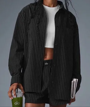 Alo Yoga Pinstripe Daylight Button Down Long Sleeve Black/Titanium M thumbnail 1