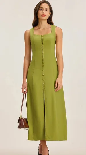 Rihoas Green Square Neck Button Sleeveless Midi Dress thumbnail 1