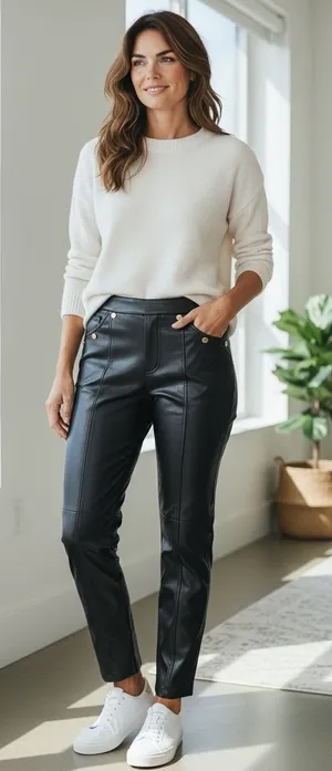 Marc New York Andrew Marc Faux‎ Leather Pants Gold Button Detail Womens L thumbnail 1