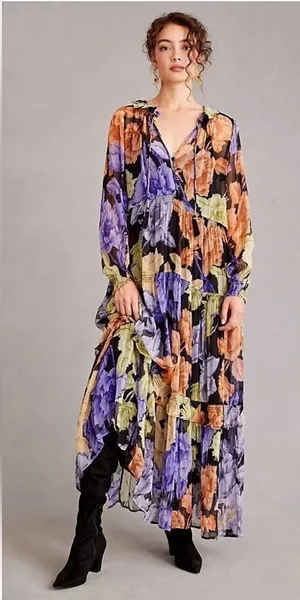 Anthropologie The Marais Printed Chiffon Maxi Dress with Flowing Floral Print thumbnail 1