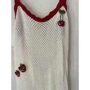NWOT WAYF Cherry Applique Crochet Knit Maxi Dress Ivory Red Size Medium thumbnail 4