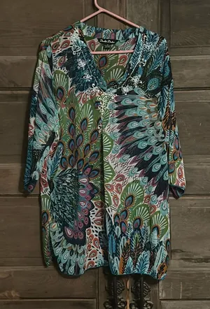 Double Decker Top Size M Sheer Tunic Beach‎ Cover Up Peacock Feathers Sequins thumbnail 1