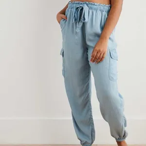 Aerie Denim Cargo Lyocell Jogger Pants Blue Cuffed Ankle Drawstring thumbnail 2