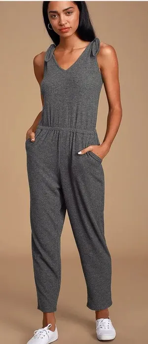 Lulus Belmore Heathered Charcoal Grey Ribbed Sleeveless Jumpsuit Size Medium thumbnail 1