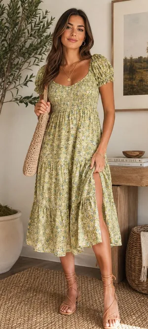 OPT Lanna Green Floral Smocked Puff Sleeve Midi Dress Cottagecore Prairie Trad M thumbnail 1