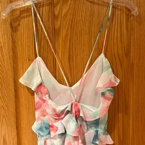 ZARA Watercolor Floral Printed Ruffle‎ Lined Mini Dress Pink Blue Green Sz Small thumbnail 15