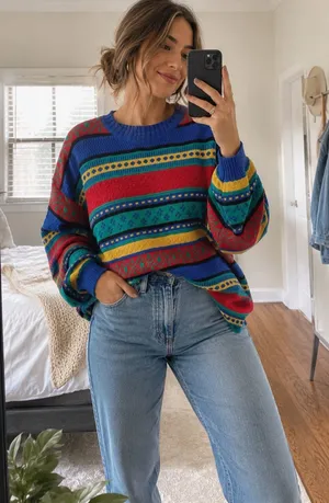 Vintage bright striped sweater plus size cottagecore rainbow 80s granny thumbnail 1