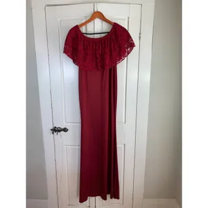Burgundy Lace Off-Shoulder Maxi‎ Dress Romantic Vampire Whimsigoth Soft Goth M thumbnail 3