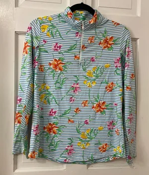 IBKÜL Sun Shirt Medium Blue Floral Striped Nylon 1/4 Zip Golf Mock Neck Top thumbnail 1