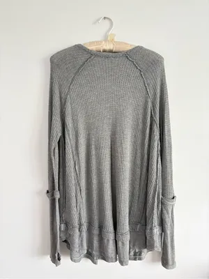 Free People We The Free Grey Thermal Long Sleeve Waffle Knit Oversized Top thumbnail 7