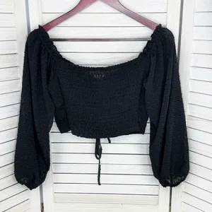 Aeropostale Clip Dot Lace Up Off The‎ Shoulder Crop Top Black Medium Sheer Indie thumbnail 10