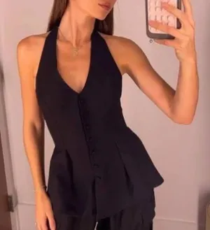 Reformation | Auli Halter Wool-Blend Peplum Vest Top in Black | size 2 thumbnail 1