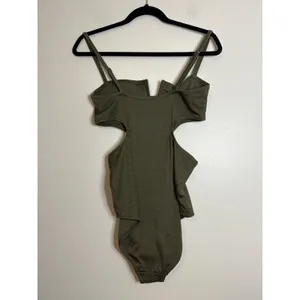 Aerie Real Good‎ Olive Green Textured V-Wire Cut-Out One Piece Swimsuit Large thumbnail 4