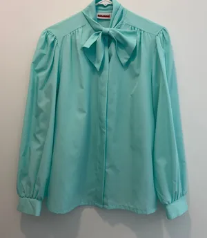 Judy Bond Vintage Women's Size 10 Aqua Bow Blouse Long Sleeve Button Up thumbnail 1