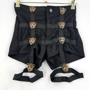Y2K Black High Waist Shorts Women M Gold Leopard Garter Cage Clubwear Rave Party thumbnail 1
