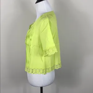 Neon Green Yellow Lace Up Cropped Top Lace Trim Pleated Blouse Size Small thumbnail 5