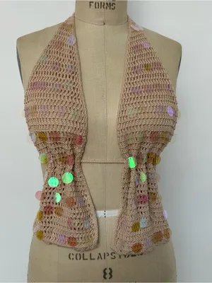 Beige Crochet Halter Crop Top with Iridescent Sequins Tan thumbnail 1