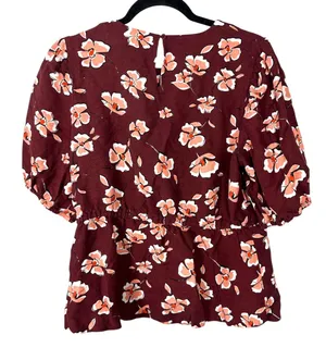 Alfani Linen Floral Burgundy Boho Bohemian Modest High Neck Blouse Size Medium thumbnail 1