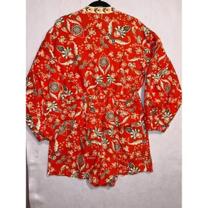 Farm Rio Anthropologie Long Sleeve Romper Red Orange Floral Cotton $228 NWT thumbnail 6