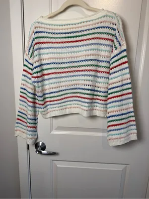 Striped Cream Crochet Crewneck Sweater with Multicolor Accents thumbnail 5