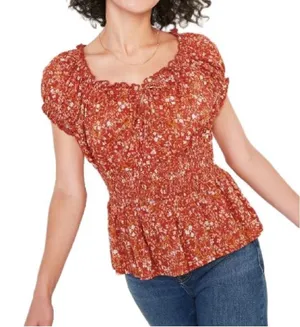 Old Navy orange floral puff sleeve smocked top size M thumbnail 1