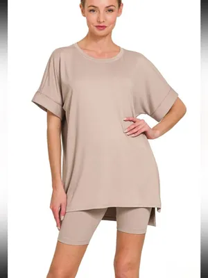 Zenana Brushed Microfiber Round Neck Top and Biker Shorts Set size small thumbnail 2