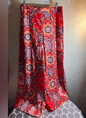 Orange Red Blue Floral Patterned Pants Trousers floral wide leg boho flowy zip L thumbnail 1