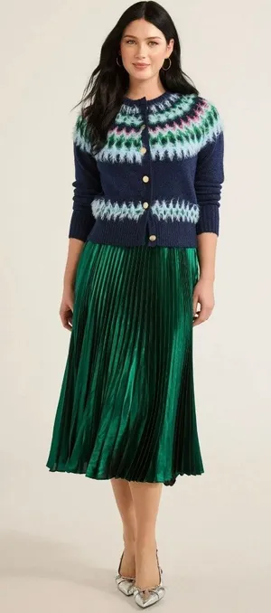 Free Assembly Elegant Emerald Green Satin Pleated Midi Skirt Flowy Accordion XS thumbnail 1