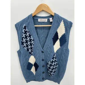 Hand Knits Blue Argyle Cable Knit Button Front Sweater Vest M Coastal Sailor thumbnail 2