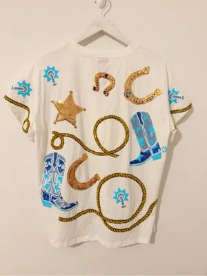 NEW Queen of Sparkles Cowgirl Icon Tee Sequin Blue White Size Small * thumbnail 7