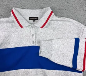 Rugby Polo Sweatshirt Women 1X Gray Blue Red Stripe Cropped L/S Soft‎ Sporty thumbnail 1