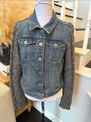Anthropologie Pilcro and the Letterpress Denim Jacket Gray Knit Sweater Sleeves thumbnail 3