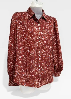Ann Taylor‎ Floral Button Down Blouse Womens SP Red Excellent Long Sleeve Petite thumbnail 1