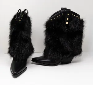 NEW Azalea Wang Violetta Faux Vegan Fur Pull On Western Heel Boots Shoes Black 7 thumbnail 1