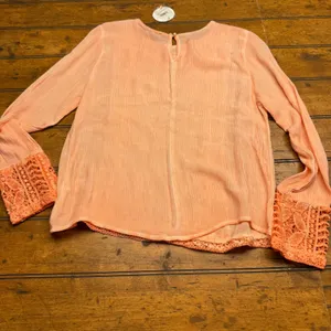 EN CREME Peach Crochet Lace Long Sleeve Sheer Gauze‎ Blouse Top Women S thumbnail 4