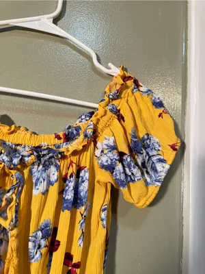 Womens Off Shoulder Mini Dress Yellow Burgundy Blue Floral Smocked Elastic Waist thumbnail 5