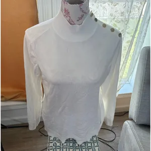 Calvin Klein White Mock Neck‎ Button Shoulder Sweater SZ M Classic Preppy thumbnail 2