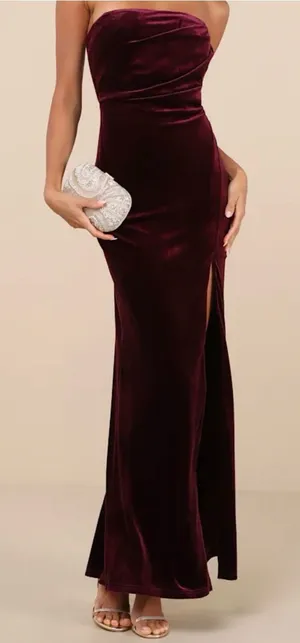 Lulu's Strapless Velvet Maxi Dress in Wine thumbnail 1
