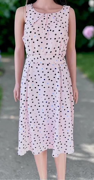 Elle Pink Polka Dot Midi Dress Size 10 Sleeveless Tie Waist Fit Flare thumbnail 1