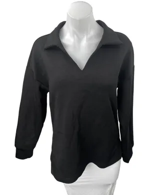 NEW Anrabess Womens Black Long Sleeve V Neck Collared Polo Sweatshirt Top Size S thumbnail 1