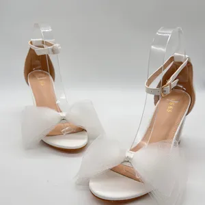 Allegra K Sandal Heels Womens 6.5 White Bow Ankle Strap Block Heel Party Wedding thumbnail 1