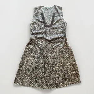 Beth Bowley 100% Silk Dress Geometric Lace Print Velvet Trim Belted Womens Size thumbnail 3