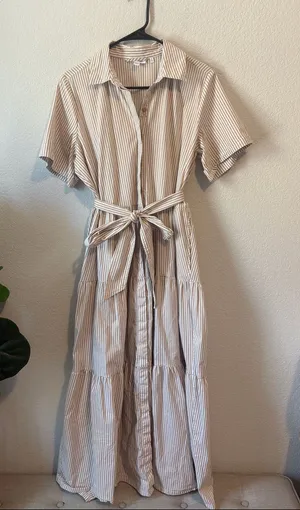 Chico's Cream and Tan Striped Button-Front collared tiered Maxi Dress thumbnail 1