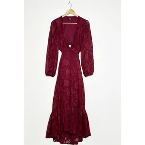 Lulus Desired Aesthetic Wine Red Floral Burnout Long Sleeve Midi Dress Size L thumbnail 3
