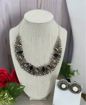 Silver Rhinestone and black rhinestone cluster necklace and earring set thumbnail 1