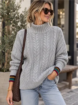 Boden Cable Knit Turtleneck Sweater Gray Large thumbnail 1