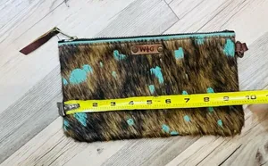 Cowhide Leather Wristlet Clutch W&G Hair Hide Turquoise Acid Wash wristlit purse thumbnail 4